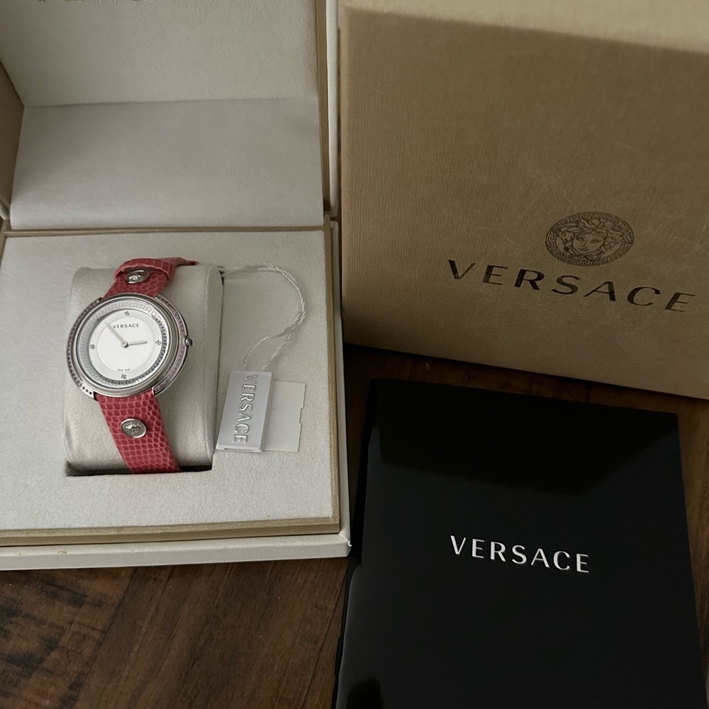 Versace Women’s Thea Silver Dial Pink Lizard Skin Watch